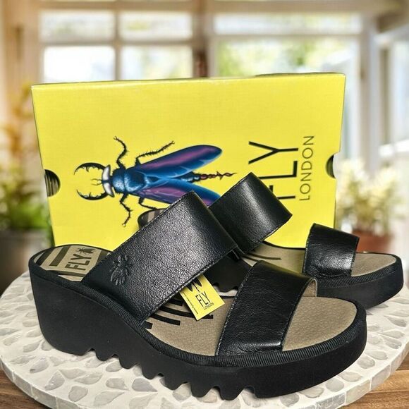 Fly London $190 BESY357FLY Moose Black Leather Slide Wedge Sandals Women’s EU 38 - Picture 7 of 16